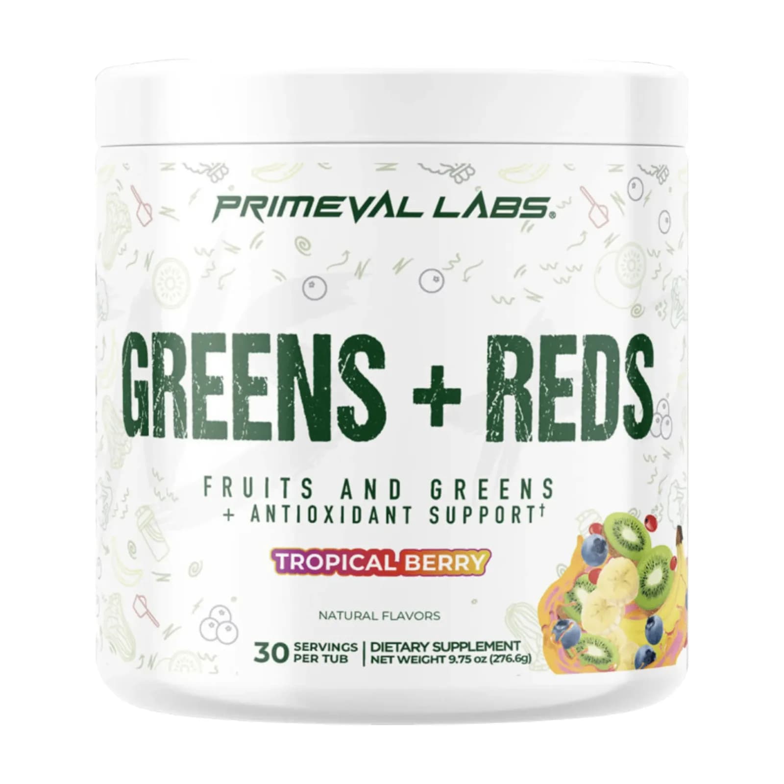 Primeval Labs Greens + Reds, ტროპიკული კენკრა, 30 პორცია, Primeval Labs